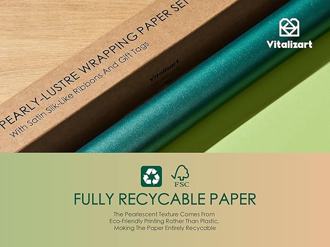 Vitalizart Green Wrapping Paper Set 30" Pearly-Lustre With Silk Like Satin Ribbon & Gift Tags Recyclable Eco-Friendly Christmas Gift Wrapping Birthday Baby Shower Wedding Handmade Crafts 197"(16.4 Ft)