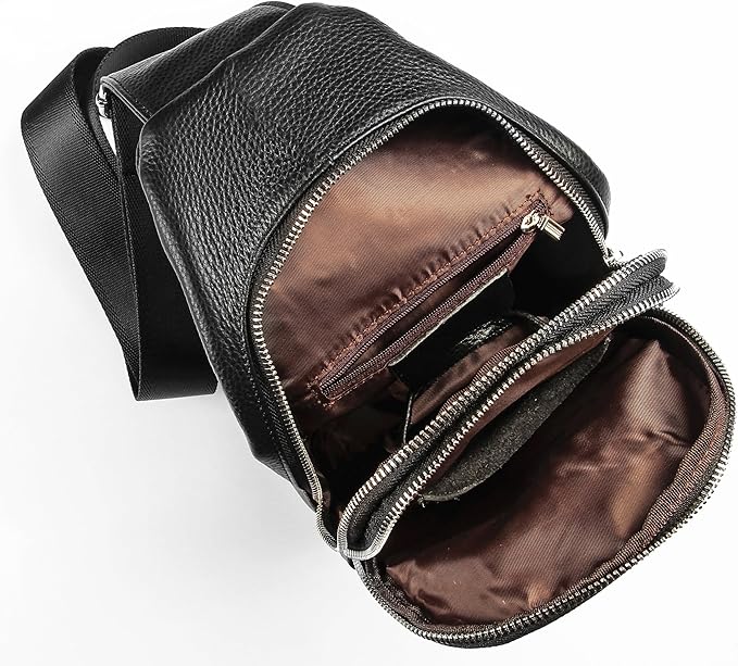 DK86 Genuine Leather Sling Bag for Men and Women Crossbody Small Fanny Packs Chest Travel Backpack Daypack Black