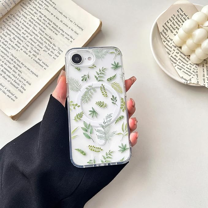 ZTOFERA for iPhone 16e Magnetic Case Compatible with Magsafe, Aesthetic Floral Pattern Design Cute for Girl Women,Anti-Drop Protective Hard Phone Cover for iPhone 16e-Green Leaf