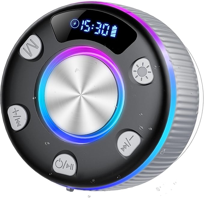Bluetooth Shower Speaker, Portable Bluetooth 5.3 Speakers Wireless with Time Display, IP7 Waterproof Speakers with RGB Light, Suction Cup, Mini Stereo Speaker for Bathroom Party Beach Gifts, Grey