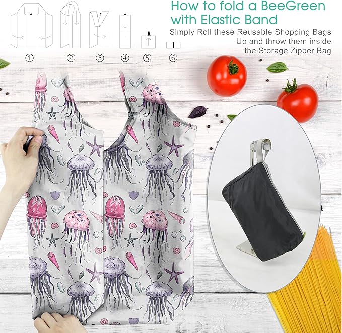 BeeGreen Animal Reusable Grocery Bags Bulk 12 Packs X-Large50LBS, Reusable Shopping Bags Foldable for Groceries, Vegetables, Fruits Watertight Bulk Tote Bags Washable For Women Men