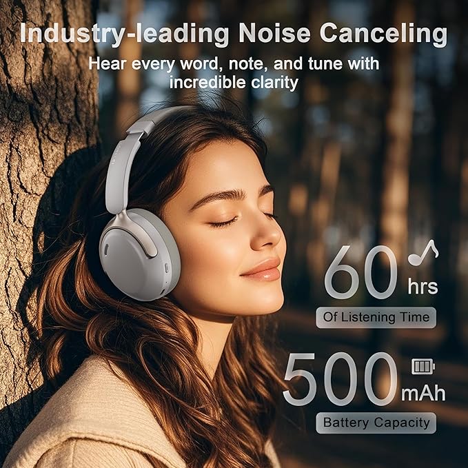 LORELEI QC30 Hybrid Active Noise Cancelling Headphones, 60H Playtime, Built-in Mic, Wireless Over Ear Headsets with Case,Bluetooth 5.4,Deep Bass Comfort Fit Soft-Earpads Fast Charging -Dunes Grey