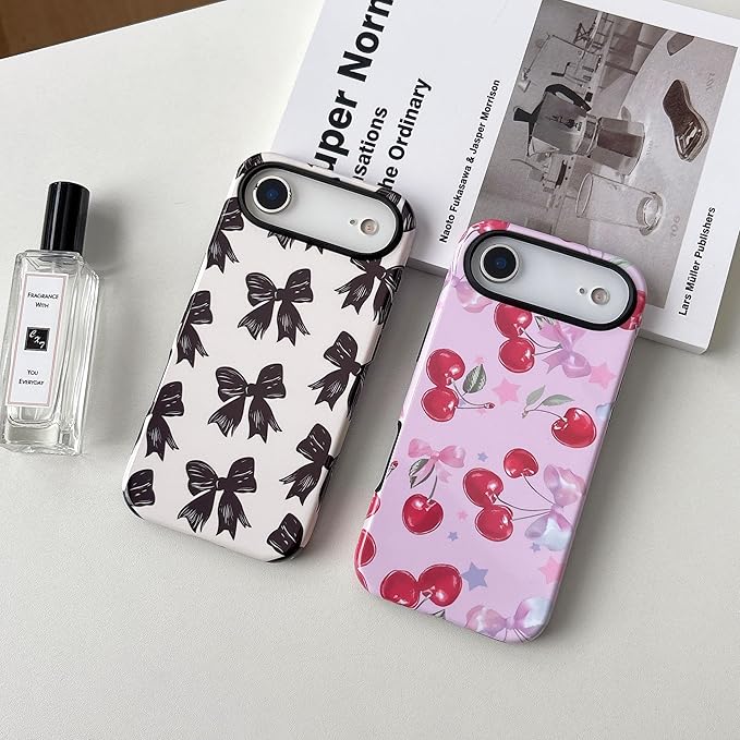 QLTYPRI Case for iPhone Air, Aesthetic Cute Pink Cherry Bow Phone Case for Girls Women, Protective Hybrid 2-Layer Hard Shell Silicone Cover Durable Shockproof Phone Cover - Pink