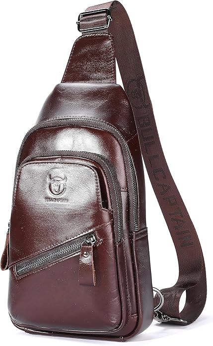 BULLCAPTAIN Mens Leather Sling Bag Backpack Casual Outdoor Shoulder Crossbody Chest Bag with USB Charging Port