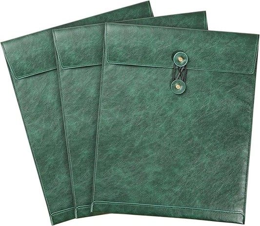 Green PU Leather File Folder for Documents,Important Document Folder with String Tie,Laptop Sleeve Notebook Case,Leather File Organizer, A4 Envelopes Filing Folder