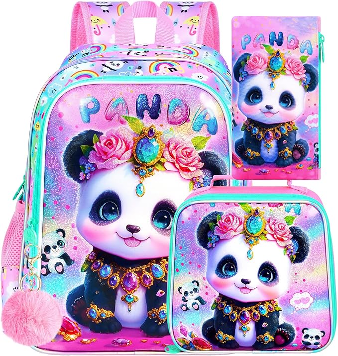 3Pcs Panda Backpack for Girls, 16" Kids School Backpacks with Lunch Box, Bookbag for Elementary Preschool Kindergarten(Pink)