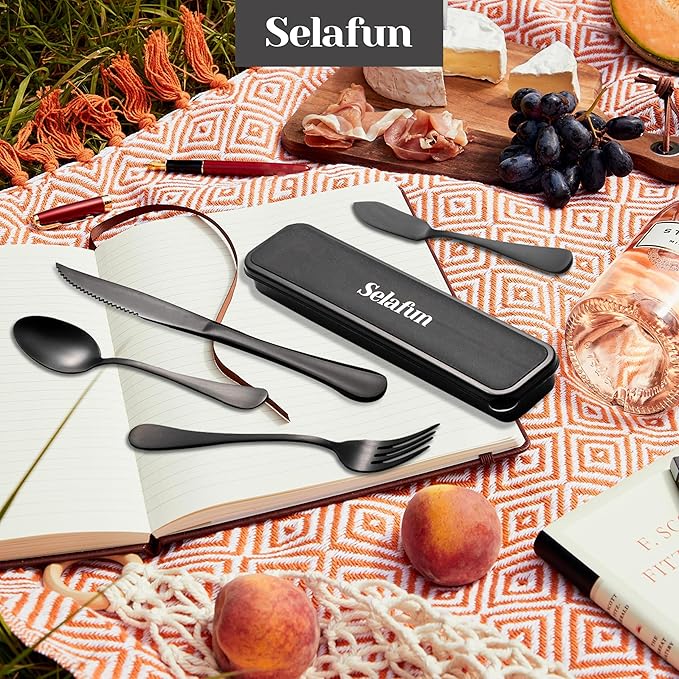 Travel Cutlery Set with Case Portable Silverware Utensils Set,5-pieces Stainless Steel Reusable Flatware Set Cutlery Set for Camping Picnic Hiking Office, Dishwasher Safe (matte black, 5.8)