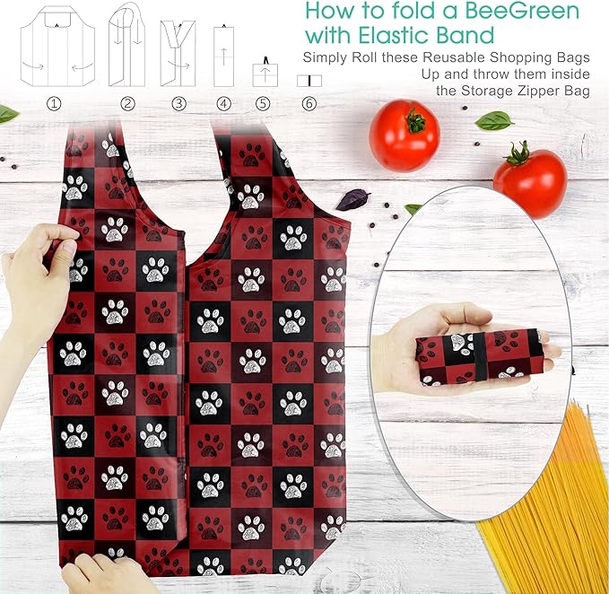 BeeGreen Christmas Reusable Grocery Bags with Zipper Storage Pouch 6 Pack Dogs Reusable Shopping Bags Bulk with Elastic Band Foldable-Machine Washable Christmas Gifts Tote Bags