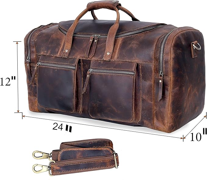 28" Vintage Duffel Classic Style with Modern Outlook Retro Thick Full Grain Cowhide Handmade Airplane Underseat Carry On Bags Leather Gym Overnight Luggage Bag (24 inch)