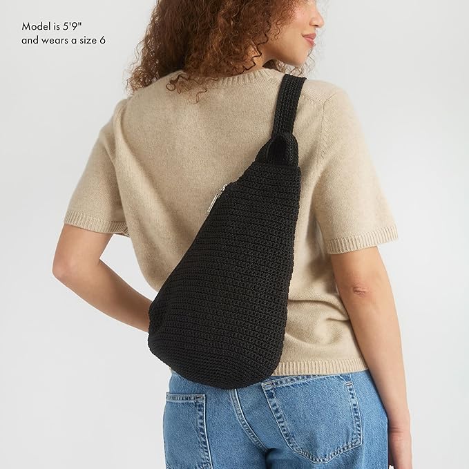 The Sak Geo Sling Backpack in Crochet, Single Sling Shoulder Strap, Bamboo