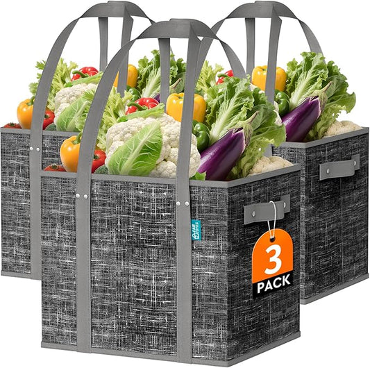 Fab totes Reusable Grocery Bags, Large Foldable Shopping Tote Bags with Reinforced Handles & Hard Bottom,Water Resistant Grocery Bags for kitchen,Picnic,3 Pack,Black