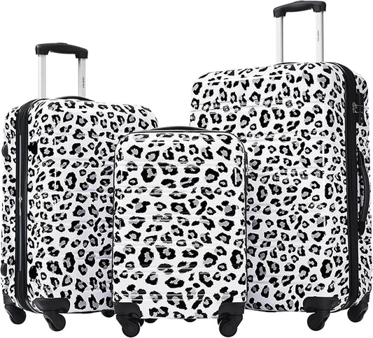 Merax Luggage Sets 3 Piece, Hardside Expandable Suitcase Set with Spinner Wheels, Lightweight Leopard Luggage 20+24+28 IN, Leopard White+Black