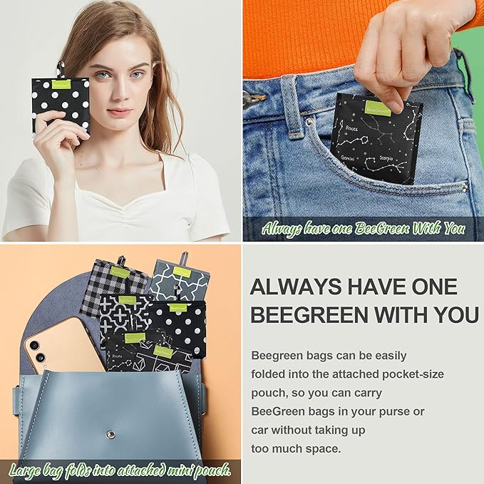 BeeGreen Reusable Shopping Bags for Groceries Reusable Gifts Bag - Grocery Bags Foldable 6 Pack Cute Holiday Cloth Bags With Handles - Large Tote Bag Bulk Heavy Duty Polyester Washable Geometry