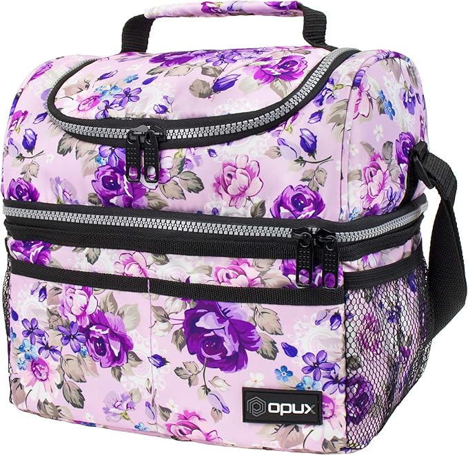 Opux Lunch Box For Women - Large Dual Compartment Insulated Lunch Bag, 10x7.5x10 Inches, Floral Purple