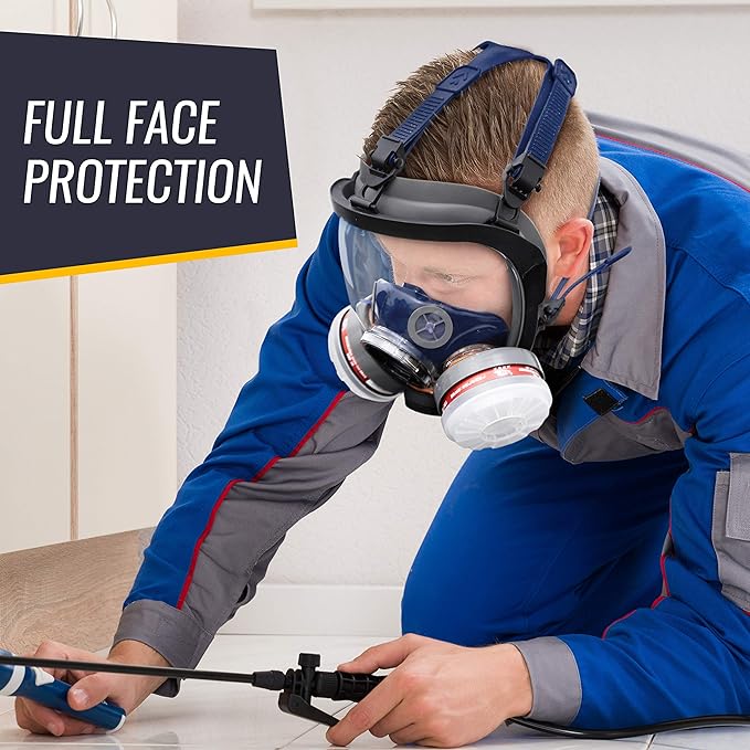 Full Face Organic Vapor Respirator - Protective Eye & Nose Shield with Anti-Fog Heavy Duty Lens & Adjustable - Chemical, & Particulate Respirator. Includes 2 Filter Cartridges - Industrial Grade