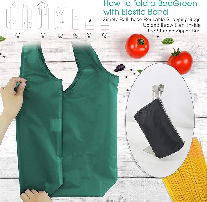 BeeGreen Reusable Bags for Shopping Machine Washable 12 Pack Xlarge Grocery bags Reusable Heavy Duty Folding with Elastic Band Colorful Tote Gift Bags Lightweight Durable Polyester
