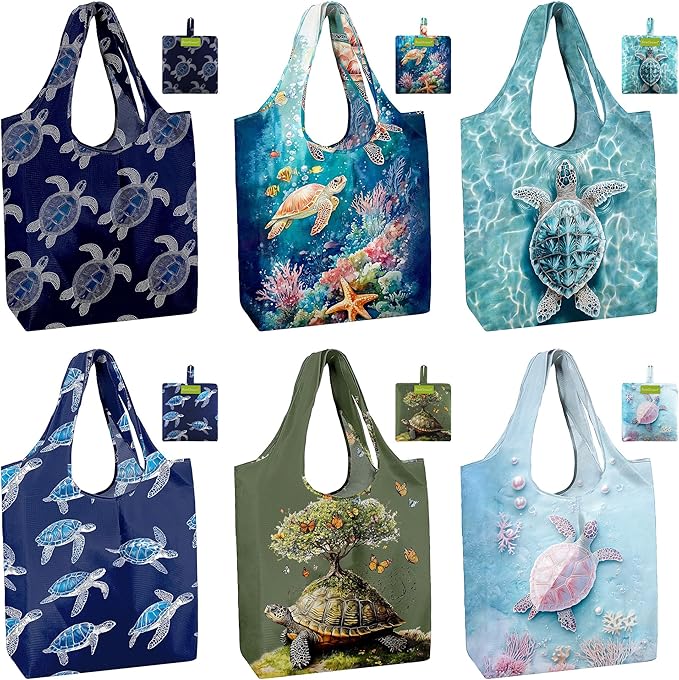 BeeGreen Turtle Reusable Grocery Bags 6 Pack, Heavy Duty Totes for Women, Foldable Grocery Bag Large Shopping Totes with Handles for Work, Travel, Gift, Store, Polyester Washable Reusable Tote Bag