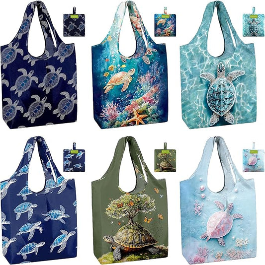 BeeGreen Turtle Reusable Grocery Bags 6 Pack, Heavy Duty Totes for Women, Foldable Grocery Bag Large Shopping Totes with Handles for Work, Travel, Gift, Store, Polyester Washable Reusable Tote Bag