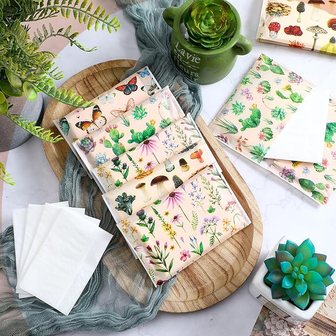 PerKoop 100 Pack Pocket Tissues Travel Slim Packs Small Facial Tissues Wallet Size Toilet Paper for Travel Guest Wedding Supplies, 4 Styles(Plants)