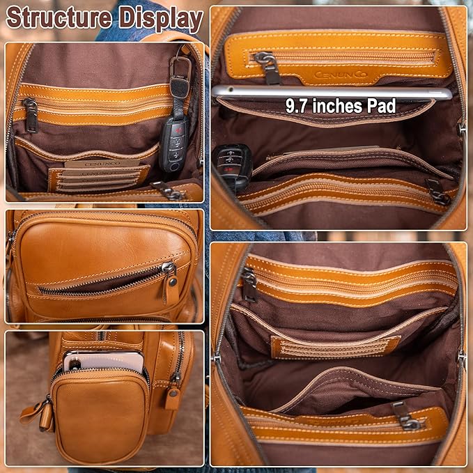 Genuine Leather Sling Bag for Men Large Crossbody Shoulder Bag Casual Sling Backpack Anti-Theft Travel Chest Purse