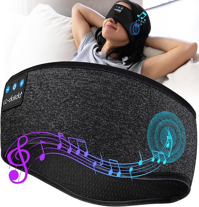 LC-dolida Sleep Headphones Bluetooth Headband, Sweat Resistant Sports Wireless Earphones, Ultra-Thin HD Stereo Black Headband Speaker Sleeping Eye Mask for Women Men Teen Running Cool Gadgets
