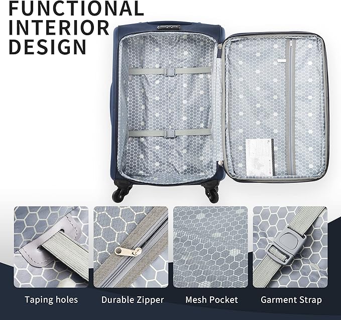 Merax Softside Luggage Set Softshell Lightweight 3 Piece Spinner Suitcase 22" 26" 30" Deep Blue