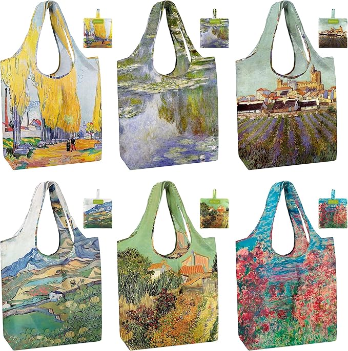 BeeGreen Oil Painting Reusable Grocery Bags 6 Pack, Heavy Duty Totes for Women, Foldable Grocery Bag Large Shopping Totes with Handles for Work, Travel, Gift, Polyester Washable Reusable Tote Bag