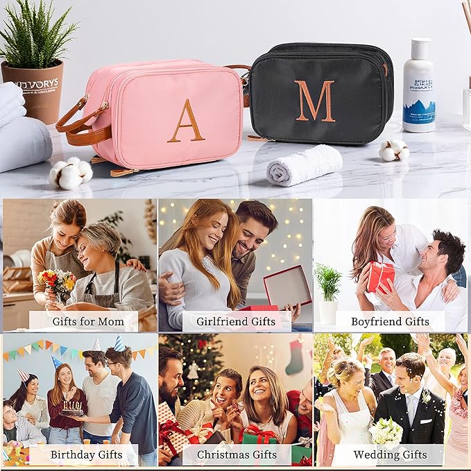 YOOLIFE Travel Toiletry Bag - Toiletry Bag for Women | Initial Makeup Bags Personalized Birthday Gifts for Women Teen Girls Gifts | Travel Essentials Large Capacity Letter A Pink