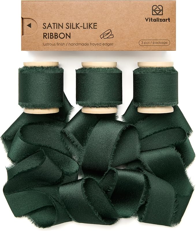 Vitalizart Silk Satin Ribbon 1 Inch x 15 Yard Wooden Spool Dark Green Handmade Frayed Ribbon for Gift Wrapping Baby Shower Wedding Bridal Bouquets Holiday Decor 3 Rolls x 5 Yard