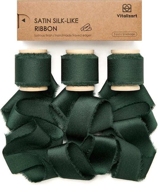 Vitalizart Silk Satin Ribbon 1 Inch x 15 Yard Wooden Spool Dark Green Handmade Frayed Ribbon for Gift Wrapping Baby Shower Wedding Bridal Bouquets Holiday Decor 3 Rolls x 5 Yard