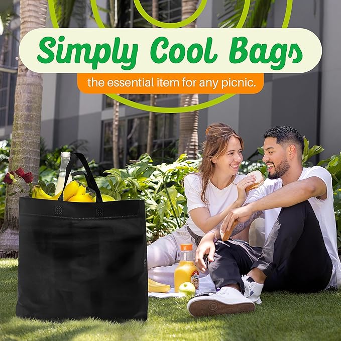 Simply Cool 50 Pack Black Reusable Eco-Friendly Large Grocery Shopping Bags 14.5"x14"x6.6" Durable Recyclable Washable Foldable Portable Tote Bags Bulk