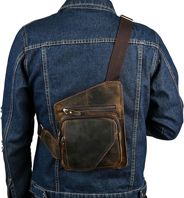 Thick Crazy horse Leather Triangle Crossbody Sling Chest Bag Travel One Shoulder Bag Daypack For Men Male 3028