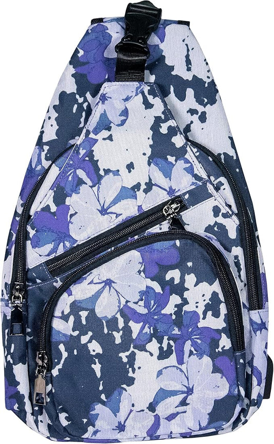 Anti-Theft Daypack Crossbody Sling Backpack, USB Charging Connector Port, Lightweight Day Pack for Travel, Hiking, Everyday, Large, Purple Floral