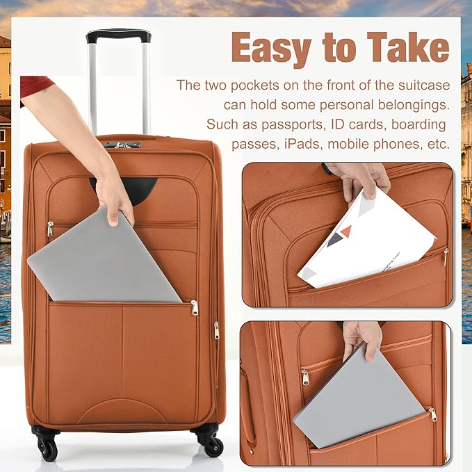 Merax Softside Luggage Set Softshell Lightweight 3 Piece Spinner Suitcase 22" 26" 30" Orange