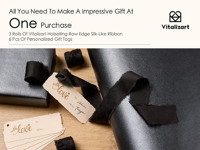 Vitalizart Black Wrapping Paper Set 30" Pearly-Lustre With Silk Like Satin Ribbon & Gift Tags Recyclable Eco-Friendly Christmas Gift Wrapping Birthday Baby Shower Wedding Handmade Crafts 197"(16.4 Ft)