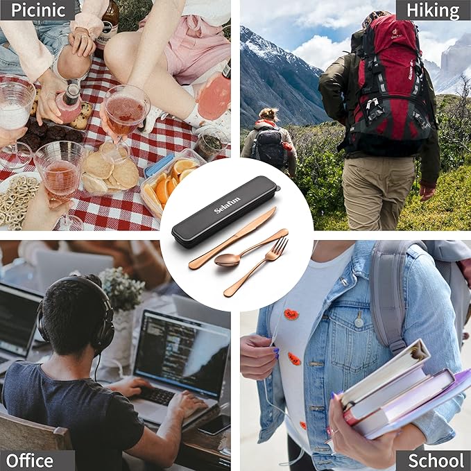 4-pieces Travel Set with Case Portable Silverware Utensils Set for work, Stainless Steel Reusable Flatware Set Cutlery Set for Camping Picnic Hiking Office (6.7inch, Rose Gold)