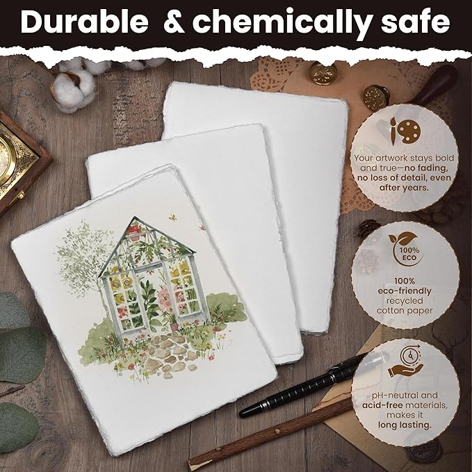 LEATHER VILLAGE Watercolor Paper - 6 X 4 inches, 50 Sheets - Mixed Media Watercolor Paper - 150 GSM Thick Deckle Edge Virgin Cotton Handmade Paper - Off White