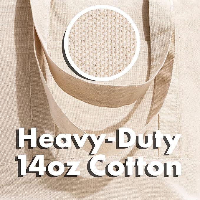 Carrywell |Not Made in China| 3 Pack Cotton Tote Bags, Reusable Grocery Shopping Bag with Zipper Closure and Front Pocket, Heavy Duty Organic Cloth w/Handles