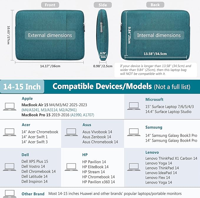 HYZUO 14-15 Inch Laptop Sleeve Bag Set for MacBook Air 15 M4/M3/M2, MacBook Pro 15, XPS 14/15 Plus, 15" Surface Laptop, Notebook Case for 14" HP Lenovo ThinkPad Asus Acer Huawei, Dark Green