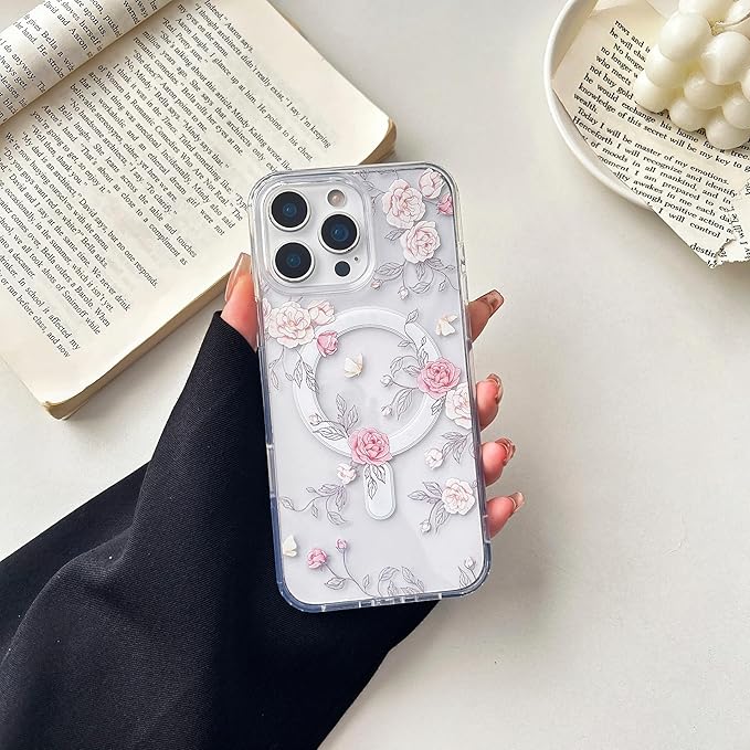 ZTOFERA for iPhone 13 Pro Max Magnetic Case Compatible with Magsafe,Aesthetic Floral Pattern Design Cute for Girl Women,Anti-Drop Protective Hard Phone Cover for iPhone 13 Pro Max-Pink Rose