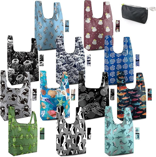 BeeGreen Heavy Duty Reusable Grocery Bags Shopping Bags for Groceries - 12 Pack Foldable Tote Bag Large Travel Cloth Bags with Handles - Reusable Gifts Holiday Bags Gift Bag for Women Animal Lover