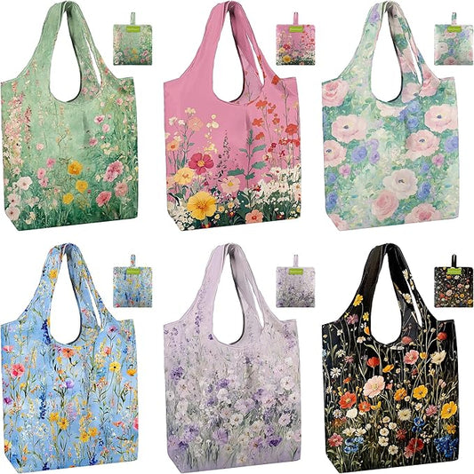BeeGreen Flower Reusable Grocery Bags 6 Pack, Heavy Duty Totes for Women, Foldable Grocery Bag Large Shopping Totes with Handles for Work, Travel, Gift, Store, Polyester Washable Reusable Tote Bag
