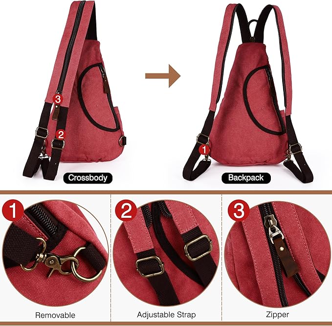HuxFam Sling Bag for Women Men Crossbody Backpack Canvas Convertible Chest Bags Outdoor Travel Hiking Cycling Shoulder Daypack,Red