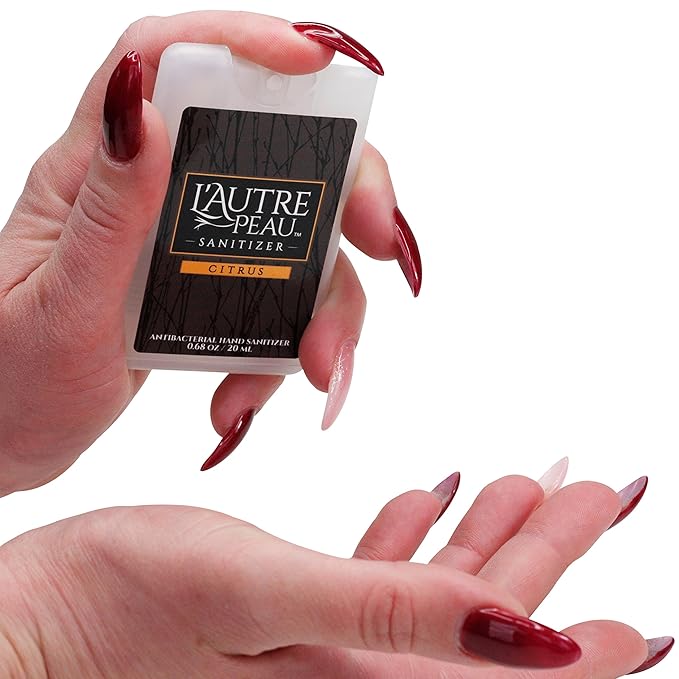 Antibacterial Travel Hand Sanitizer Spray with Aloe Vera by L’AUTRE PEAU - Unique Flat Credit Card Shape - Citrus Scented Mini Pocket Size (4 Pack - 20ML, Frost,Black,Red,Blue)