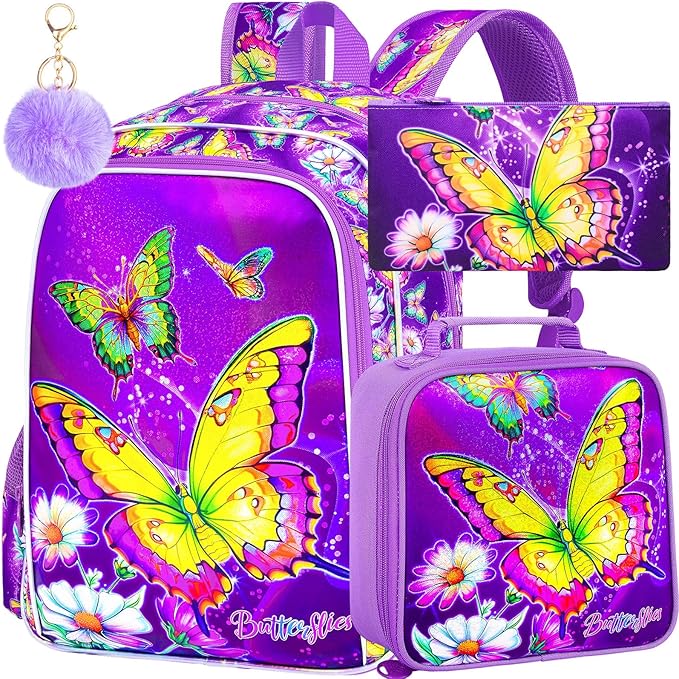 3Pcs Butterfly Backpack for Girls, 16" Kids Bookbag with Lunch Box，School Backpacks for Elementary Preschool Kindergarten (Purple)