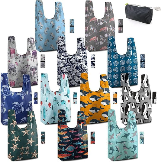 BeeGreen Marine Animal Reusable Grocery Bags Bulk Gifts 12-Pack - Large Tote with Zipper Pouch | Foldable & Washable Polyester Shopping Bags Heavy Duty Animal Lover Gifts Reusable Bag With Handles
