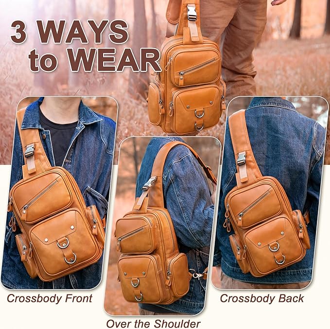 Genuine Leather Sling Bag for Men Large Crossbody Shoulder Bag Casual Sling Backpack Anti-Theft Travel Chest Purse