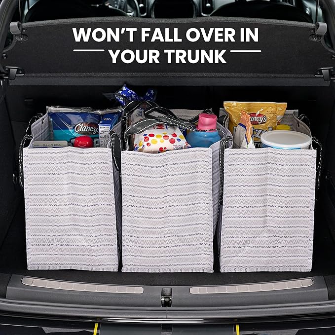 Creative Green Life 3 Pack Heavy Duty Reusable Grocery Bags with Hard Bottom & Strong Handles – Foldable, Durable, Easy to clean, Water-Resistant & Multi-Purpose (Gray Stripes)