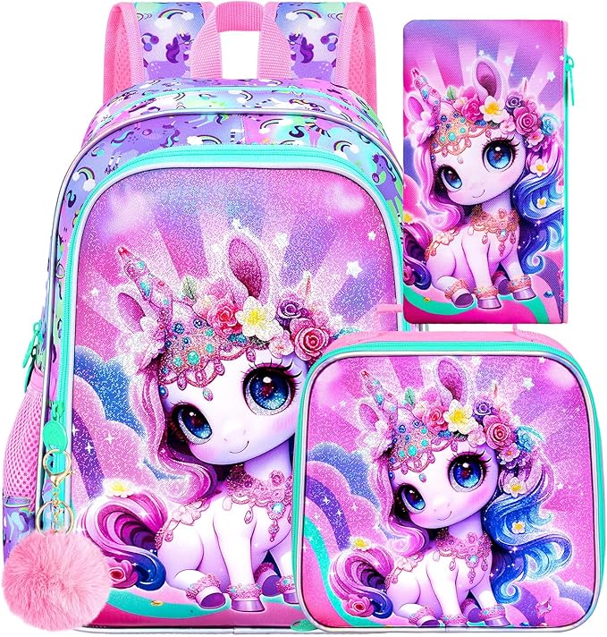 16" Unicorn Backpack for Girls, 3Pcs Kids School Backpacks with Lunch Box, Bookbag for Elementary Preschool Kindergarten(Pink)