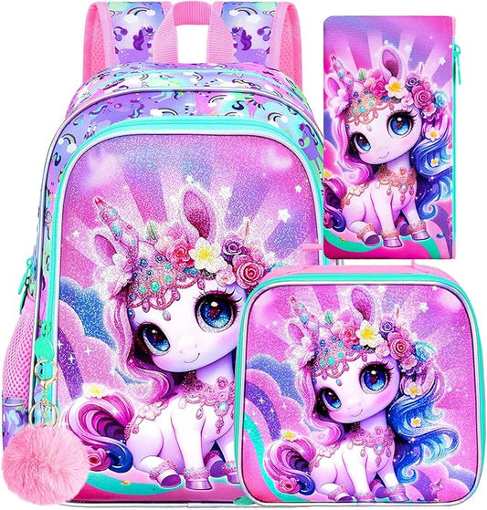 16" Unicorn Backpack for Girls, 3Pcs Kids School Backpacks with Lunch Box, Bookbag for Elementary Preschool Kindergarten(Pink)